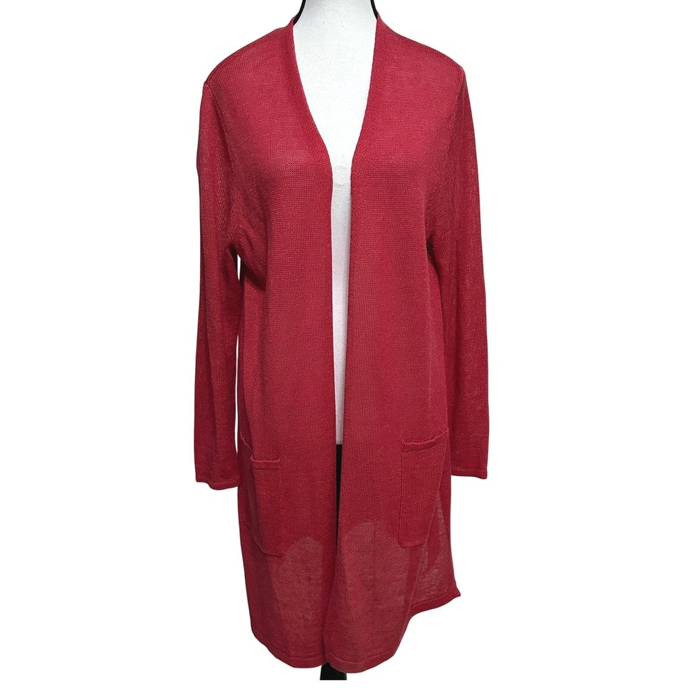 J. Jill Longline Cardigan Womens Large Red Linen Blend Open Front Duster Pockets